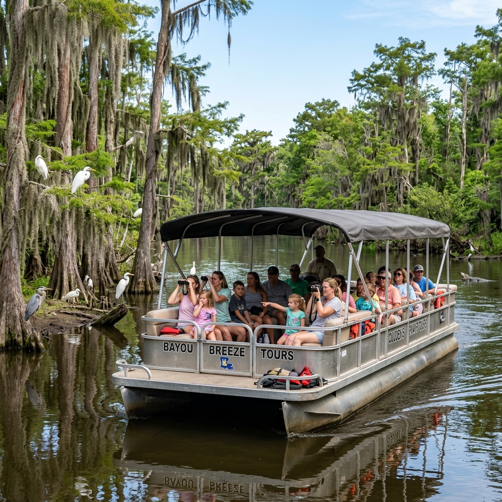 Covered pontoon tour boat cruising through Louisiana cypress swamp